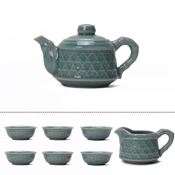 5Cgo  44005133445 龍泉青瓷仿古釉竹節茶具八件套功夫精品茶具套裝精品送禮物喝茶道具   LAY17100