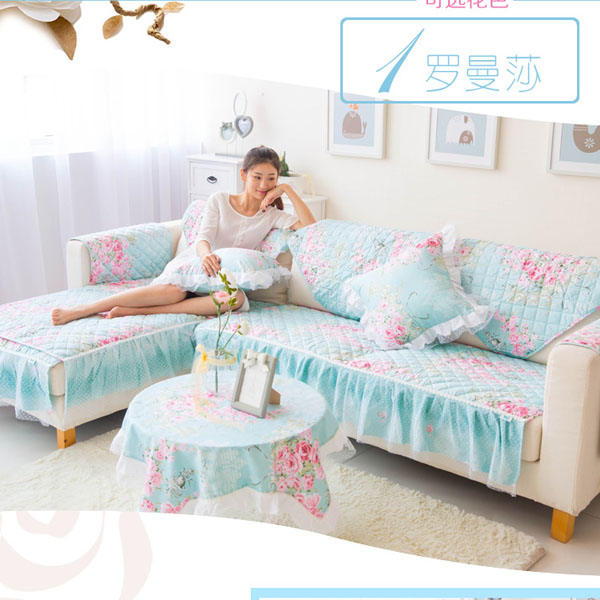 5Cgo 35123962510 田園貴妃組合蕾絲沙發墊四季通用沙發套全棉防滑可定做L型小清新公主客廳居家裝飾設計藍色紫色花 CHX85000