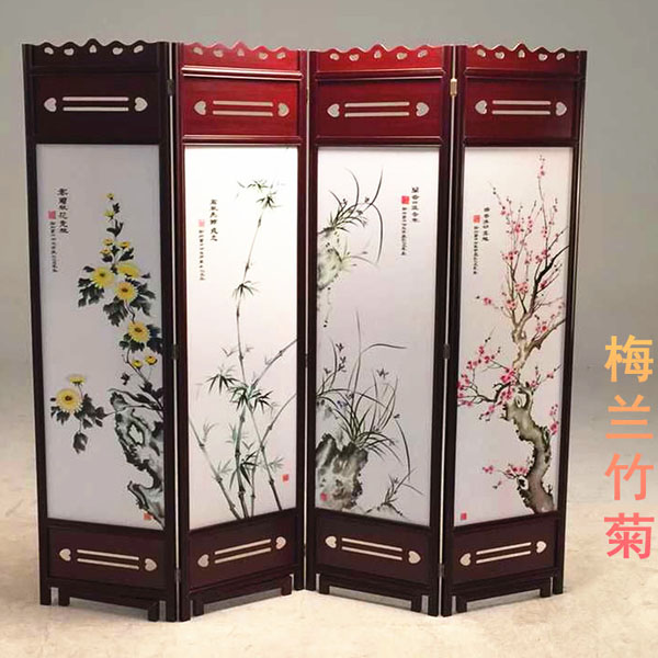 5Cgo 522040989638 仿古屏風中式實木屏風折屏酒店可移動折疊隔斷梅蘭竹菊四大美女客廳餐廳臥室落地屏風座屏杉木4扇 CHX04400