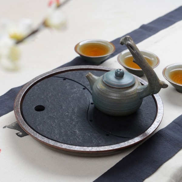 5Cgo 524797493365 茶道太極八卦功夫烏金石茶盤陶瓷盆石頭茶台圓形蓄水乾泡盤茶几 直徑26cm AGL 77100