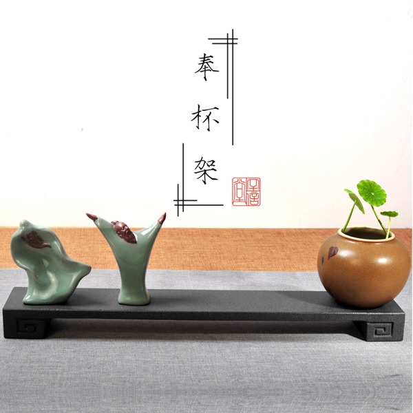5Cgo 521887100738 烏金石茶盤茶具茶道配件奉杯架奉茶盤石頭茶海黑金石茶台茶寵多寶架杯架壺架 40*6.5cm AGL02100