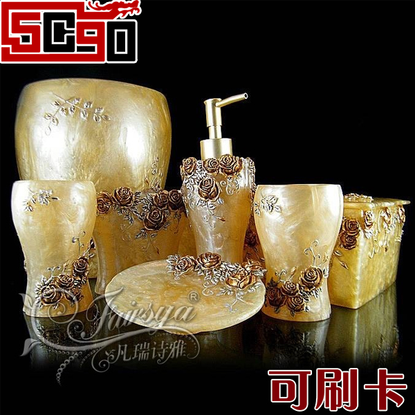 5Cgo結婚喬遷禮品 洗漱浴室用品衛浴套件玫瑰園黃五件套P99000