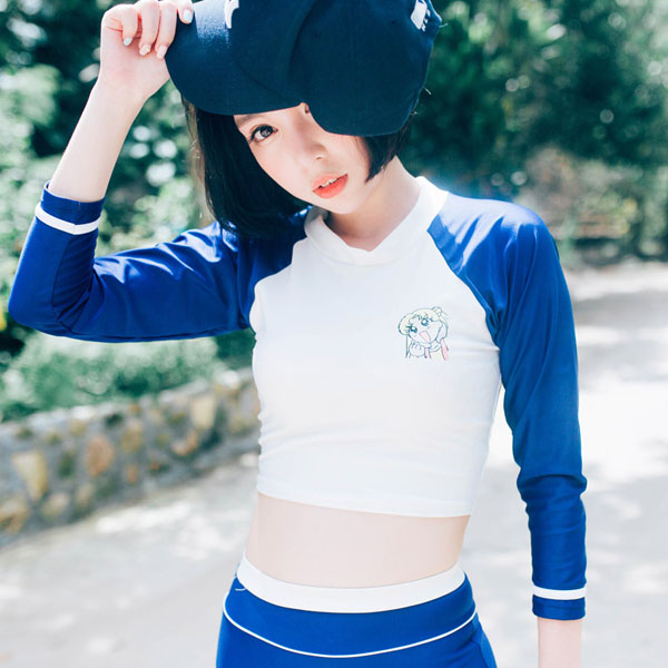 5Cgo 523721771213 元氣少女泳衣日系原創鋼托顯瘦分體長袖保守防曬分體泳衣   GSX98000