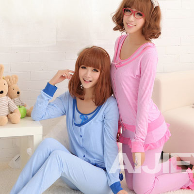 5Cgo 13834327278 秋冬女款三件套睡衣 長袖無袖薄款條紋女式家居服套裝 MIK05000 