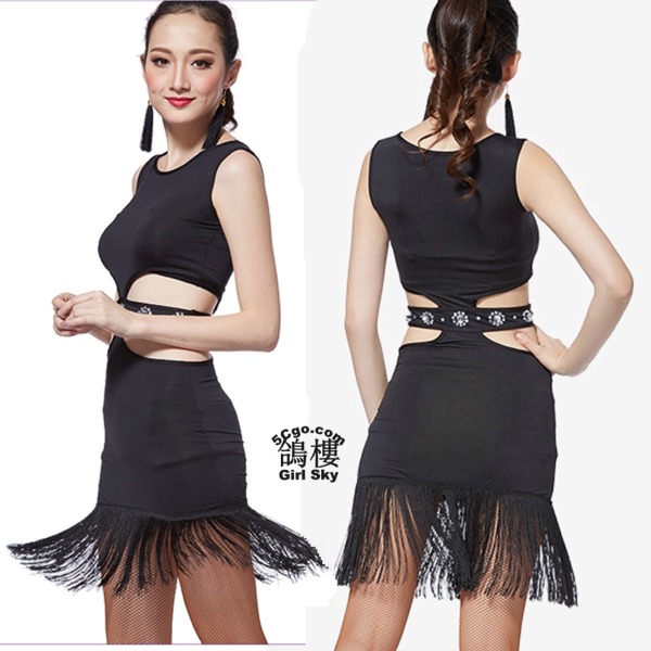 5Cgo 523365705621 拉丁舞演出服無肩流蘇裙露肚腰部鏤空舞蹈舞衣女性成人肚皮舞練功服裝套裝 AGL81100