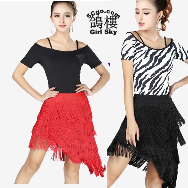 5Cgo 523019369920 廣場舞蹈舞衣舞裙拉丁舞演出服練習服裝比賽斜肩流蘇短裙豹紋 AGL80100