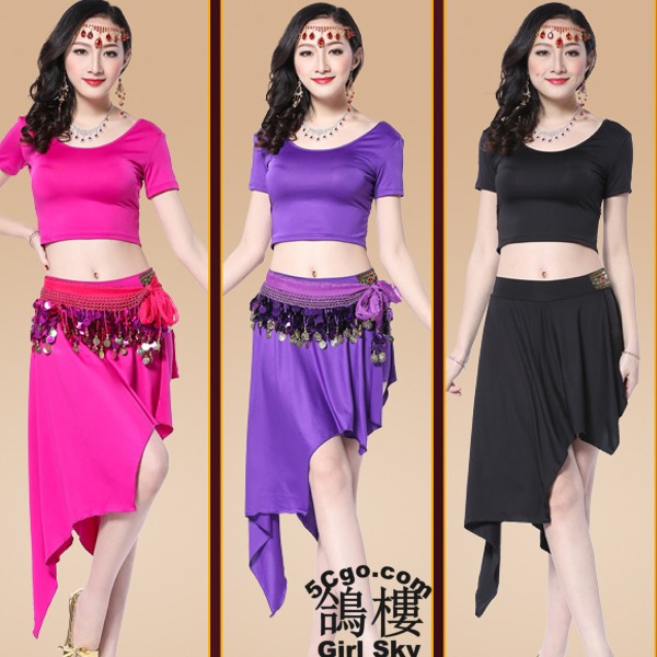 5Cgo 530378129310 春夏肚皮舞練習服性感不規則短裙表演服套裝拉中舞女生舞衣舞裙上衣+長裙+腰鍊 AGL83100