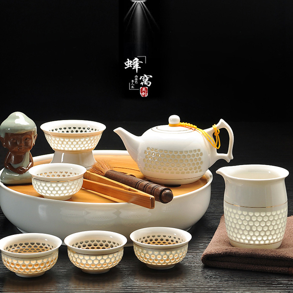 5Cgo 36271340615 蜂窩玲珑瓷镂空水晶整套陶瓷幹臺茶壺品茗杯茶漏功夫茶具套裝 HZS86100