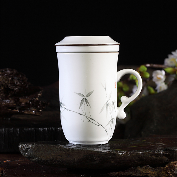 5Cgo 525324326863 亞光白茶隔杯青瓷陶瓷辦公泡茶杯高檔花茶水杯具帶蓋過濾馬克杯 HZS83000
