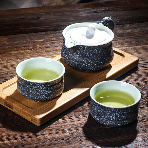 5Cgo 523383076013 陶瓷快客杯一壺二兩杯茶盤石紋釉汝窯青瓷快客杯旅行便捷茶具  HZS06000