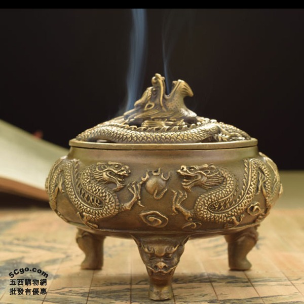 5Cgo 520520273253 神龍吐珠純銅香爐熏香爐香作舊仿古熏爐立體龍紋爐浮雕雙龍3腳火爐盤香香插 AGL00100