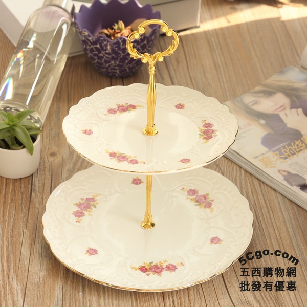 5Cgo 522160373981 雙層歐式點心盤玫瑰花點心架下午茶茶具餐具水果乾果盤子陶瓷蛋糕盤貴婦小資女姐妹聚會 AGL88000