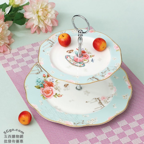 5Cgo 523015389957 雙層水果盤客廳宴會歐式點心架時尚乾果盤蛋糕盤零食甜品下午茶咖啡餐廳花茶 AGL70100 
