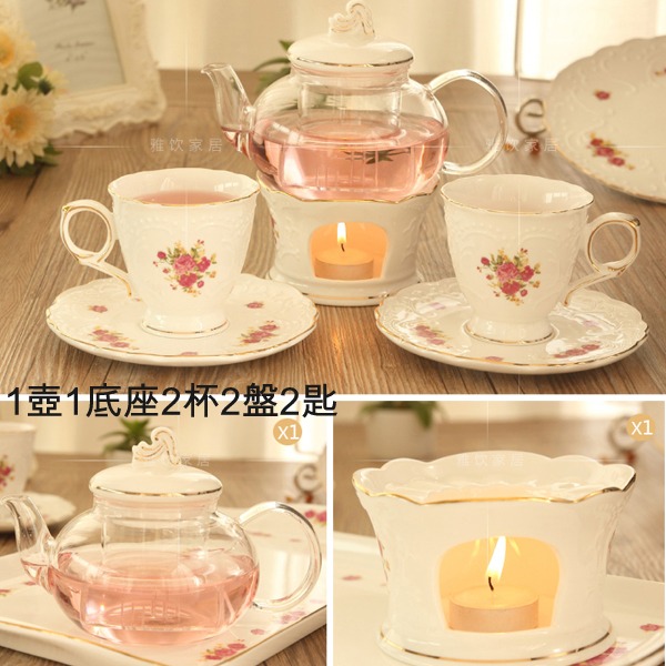 5Cgo 39236908743 花茶壺玫瑰花茶茶具歐式套裝蠟燭加熱玻璃陶瓷煮水果茶下午茶茶壺茶杯湯匙托盤 組合一 AGL02100