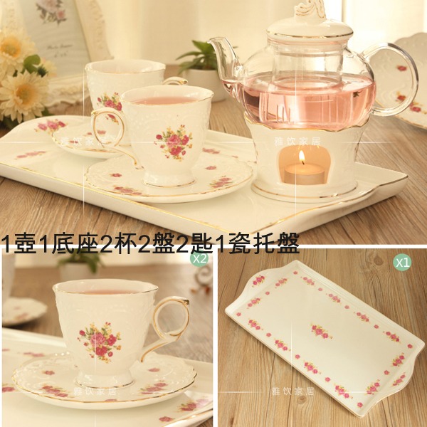 5Cgo 39236908743 花茶壺玫瑰花茶茶具歐式套裝蠟燭加熱玻璃陶瓷煮水果茶下午茶茶壺茶杯湯匙托盤 組合三 AGL09100