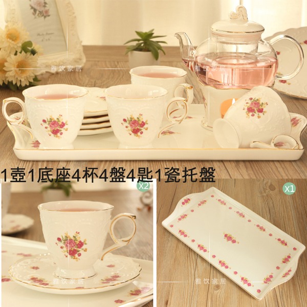 5Cgo 39236908743 花茶壺玫瑰花茶茶具歐式套裝蠟燭加熱玻璃陶瓷煮水果茶下午茶茶壺茶杯湯匙托盤 組合四 AGL04200