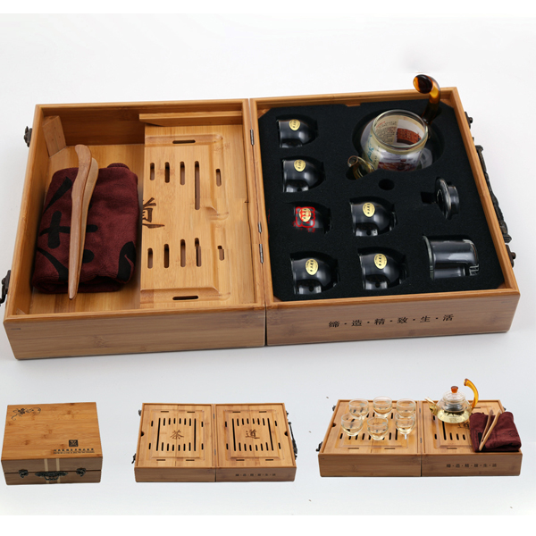 5Cgo 521197010692 便攜式旅遊竹木禮盒攜帶套裝茶具套裝玻璃茶壺品茗杯功夫茶具茶盤禮品 HZS89100