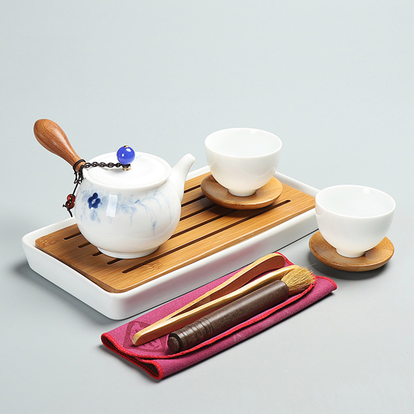 5Cgo 537002970256  高白瓷功夫茶具套裝一壺二杯乾泡茶台手繪側把壺陶瓷旅行茶具茶托 HZS47100
