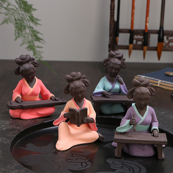 5Cgo 525770578675 創意精品擺件彩砂陶紫砂茶寵琴棋書畫仕女茶具茶盤擺件茶藝配件 HZS34000