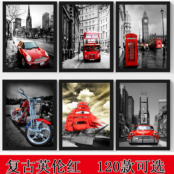 5Cgo 39938280137 歐式黑白建築裝飾畫客廳懷舊復古咖啡廳牆畫酒吧壁掛畫KTV汽車酒吧咖啡廳有框壁畫雙色街頭建築汽車1） CHX66000