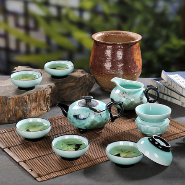 5Cgo 536465680440 景德鎮陶瓷功夫茶具套裝青瓷鯉魚茶杯手繪荷花茶壺茶具整套禮盒裝 HZS86200