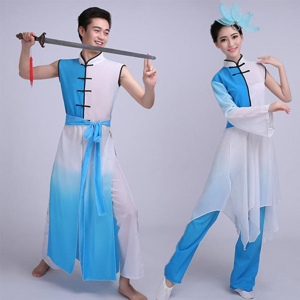 5Cgo 536187347980 古典舞蹈演出服男女款藍白秧歌服舞台服現代舞蹈劍術表演舞服    GSX96000
