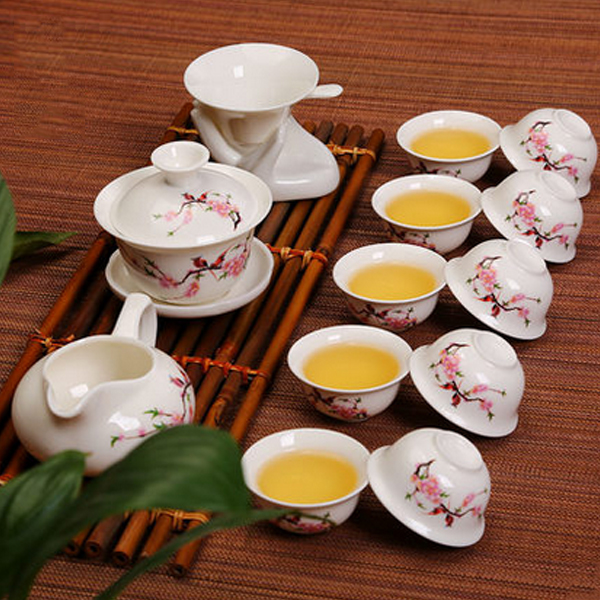 5Cgo 40660144526 功夫茶具套裝禮品茶具陶瓷高白玉瓷茶海蓋碗品茗杯白唐詩桃花 HZS82000