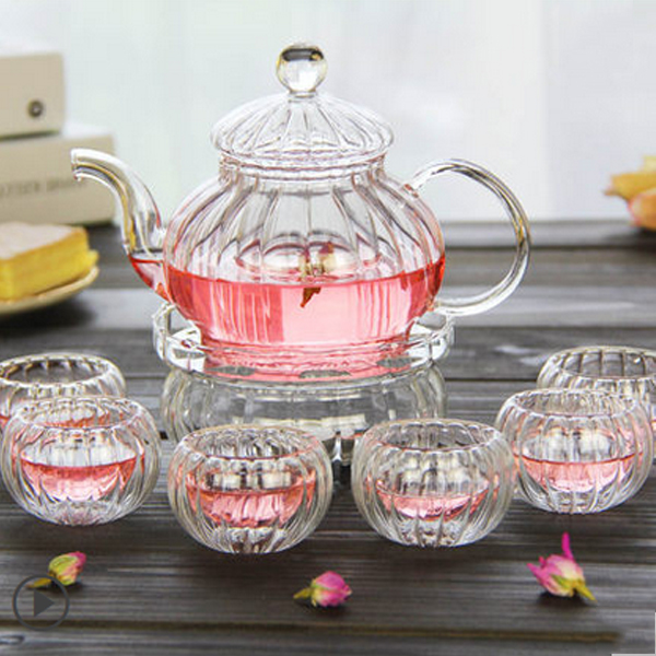 5Cgo 10288016621 歐式整套花茶茶具套裝過濾透明玻璃泡茶壺雙層茶杯加熱花果茶花茶杯 HZS96000