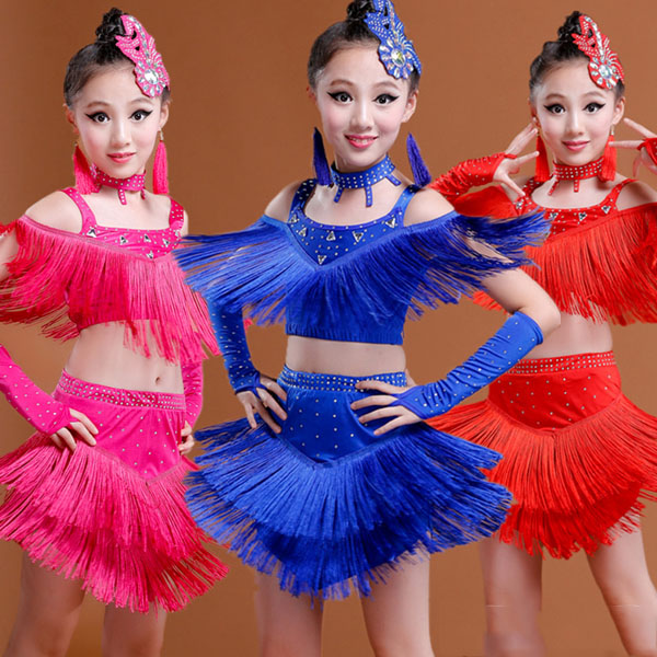 5Cgo 536345168405 兒童拉丁舞演出服少兒女童拉丁舞裙演出表演比賽服裝新款亮片流蘇    GSX39000