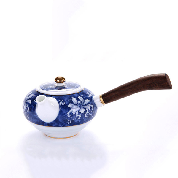 5Cgo 535511916874 景德鎮青花瓷接木側把壺檀木白瓷茶壺青花功夫茶具小茶壺泡茶器  HZS81100