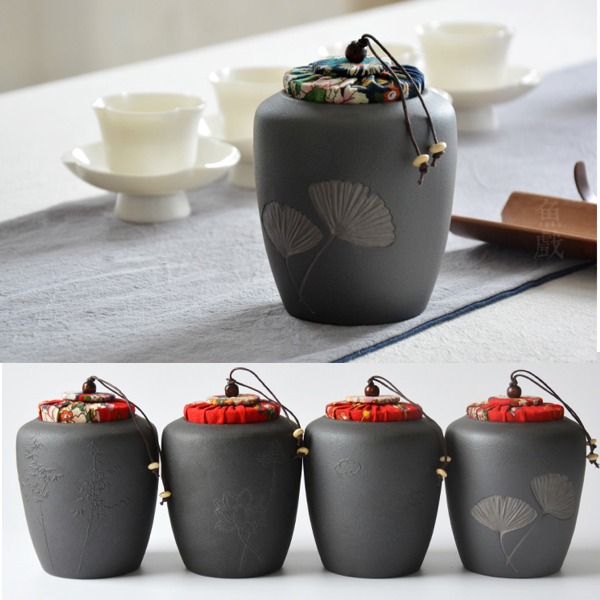 5Cgo 540682580133 茶道六君子茶葉罐日式黑色浮紋陶瓷功夫茶具零件配件果糧堅果銀杏保存收納 AGL04000  
