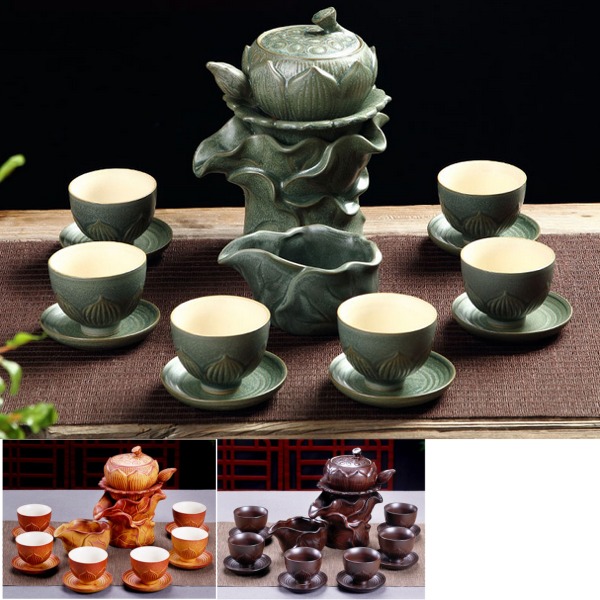 5Cgo 540006588640 出水芙蓉半自動茶具套裝懶人防燙功夫泡茶器蓮花茶壺茶杯公道杯含杯墊 AGL83200