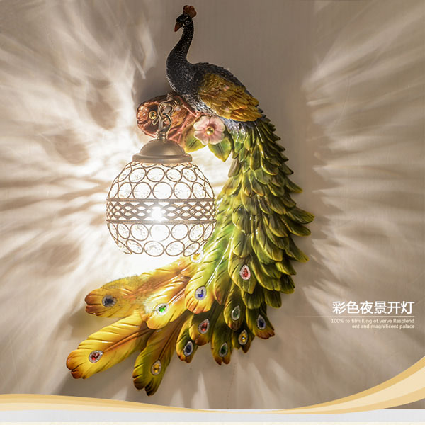 5Cgo 543580045014 歐式客廳背景墻壁燈臥室床頭燈過道創意個性大氣孔雀水晶壁燈  PY8820000