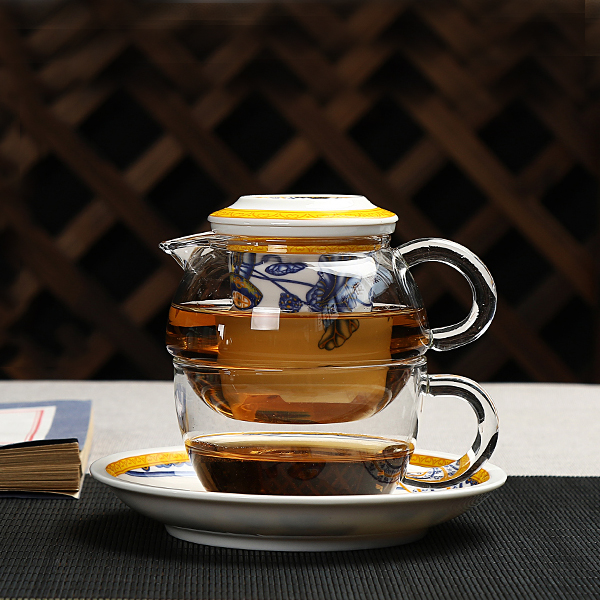 5Cgo 538519762205 青花瓷玻璃快客杯一壺一杯旅行便攜功夫茶具辦公家居過濾泡茶壺 HJT96000