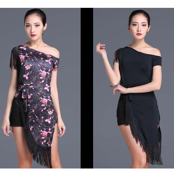 5Cgo 545201406011  春夏季拉丁舞服裝女成人新款套裝斜肩連衣裙舞舞蹈流蘇短裙銳奈   GSX85100