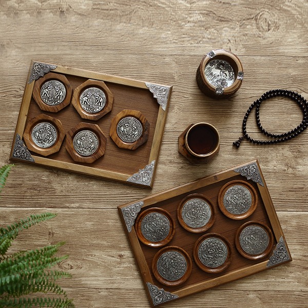 5Cgo 538166069038 泰國手工藝品東南亞進口實木雕刻茶墊茶盤茶杯茶具杯墊隔熱墊禮品擺件 一套六個加托盤 HJT06000