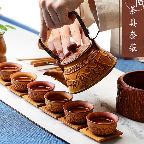 5Cgo 537410381981 精品仿古粗陶功夫茶具泡茶茶道整套裝手工陶瓷茶壺柴燒茶杯茶洗組合禮盒裝 HJT80100