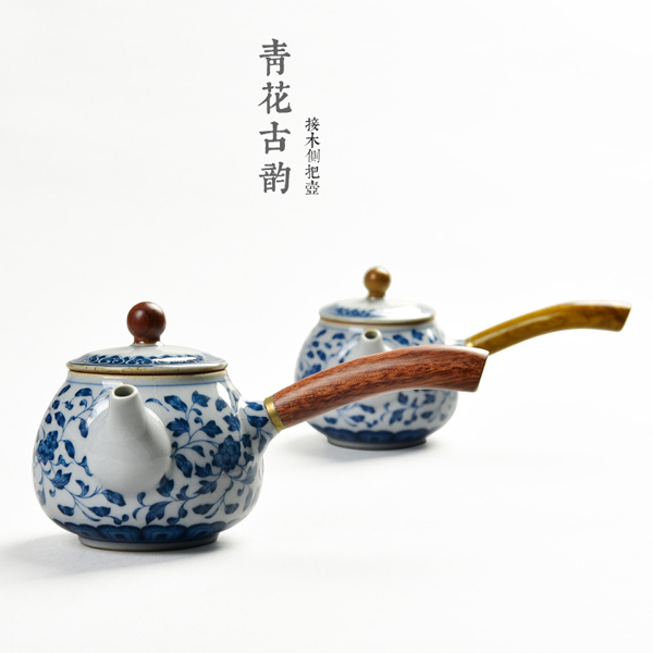 5Cgo 535484794836 粗陶青花古韻茶具粗陶茶壺茶杯茶盤泡茶接木茶壺巴花金絲楠木側把壺功夫茶壺  HJT91100