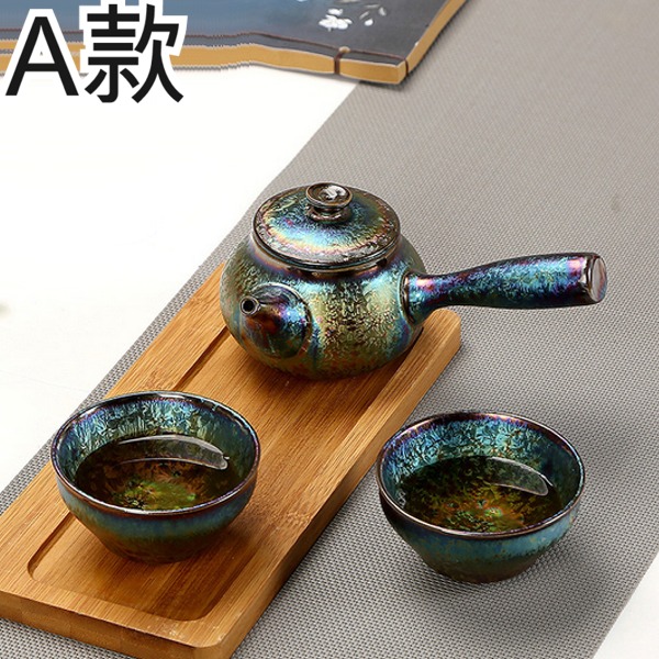 5Cgo 538364380876 陶瓷茶具窯變七彩釉茶彩色孔雀辦公茶具個人茶杯功夫茶具套裝茶壺/側把壺 一壺二杯 AGL86100  