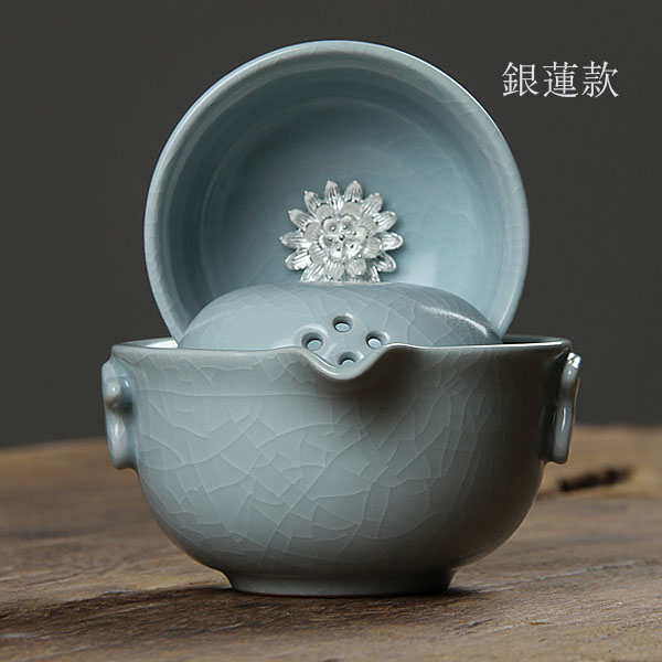 5Cgo 536700780480 汝窯開片快客杯普洱茶具茶壺茶杯泡茶手抓壺鑲銀飾茶杯便攜旅行辦公一壺一杯 HJT82100