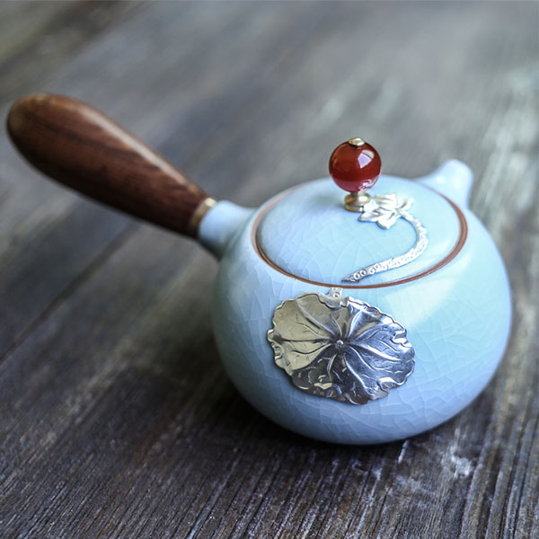 5Cgo 546150420843 汝窯側把純手工鑲銀茶壺茶杯泡茶茶道開片汝瓷單壺雞翅木日式泡茶器功夫茶具  HJT87100