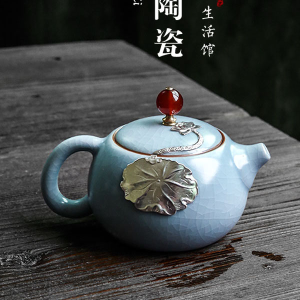 5Cgo 544947747421 汝窯開片陶瓷鑲銀茶壺茶杯茶海茶盤功夫茶具單壺過濾泡茶器銀荷花西施壺汝瓷  HJT83100