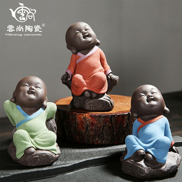 5Cgo 545963687061 可愛佛小和尚汽車擺件茶寵茶壺茶杯泡茶茶道擺件精品紫砂可養茶寵手工茶玩功夫茶具 三個一組  HJT97000