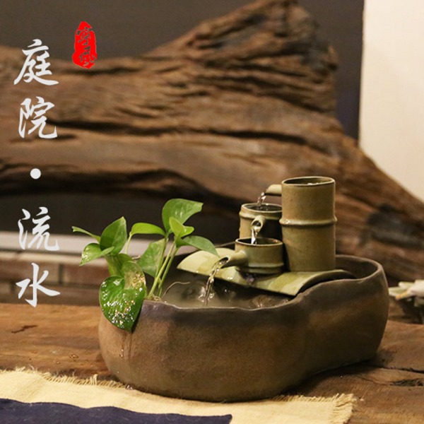 5Cgo 535871236403 陶瓷假山流水擺飾魚缸客廳噴泉水景竹子竹節高升辦公室招財改運風水禪意加濕器水槽38*20cm AGL05300