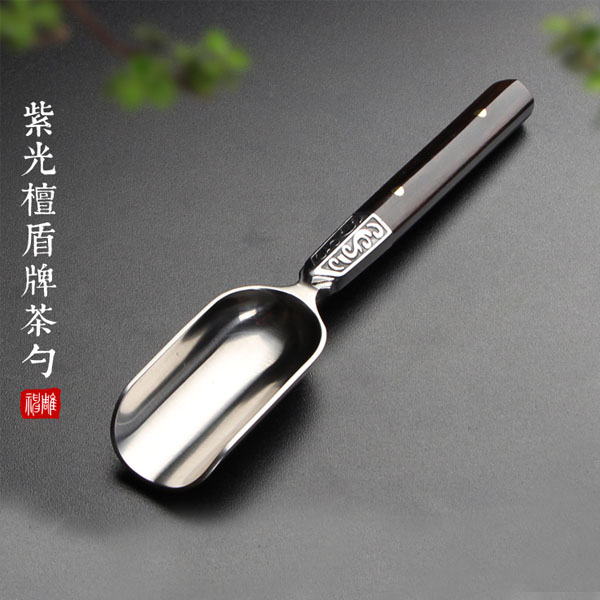 5Cgo 541289297272 神雕紫光黑檀木泡茶功夫茶茶具不鏽鋼茶匙創意盾牌大馬士革茶勺茶則茶鏟茶道配件 HJT80100