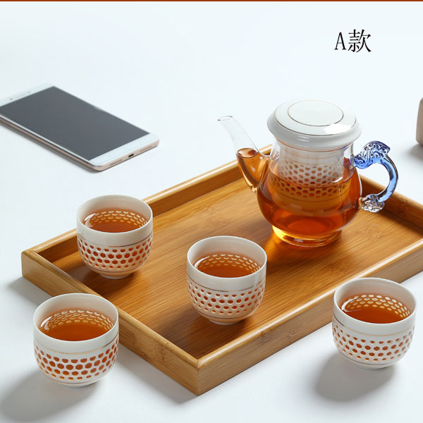 5Cgo 552789455560 玻璃茶具泡茶壺功夫茶茶杯蜂巢陶瓷過濾內膽玲珑镂空喝茶杯子整套花草茶具一壺四杯  HJT86000