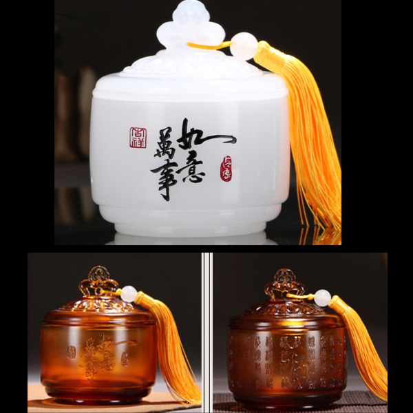 5Cgo 523819163922 萬事如意琥珀白玉琉璃茶葉罐擺飾商務禮物工藝品辦公桌茶桌書櫃生日禮物 AGL00200