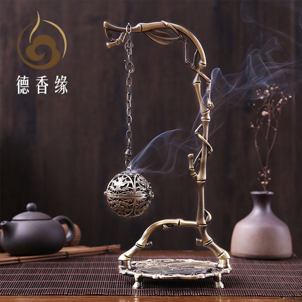 5Cgo 545204351009 德香緣創意獅子頭古典球仿古銅合金檀香爐竹葉挂福挂式倒流塔香香薰爐茶室家用擺件 HJT06100
