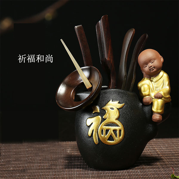 5Cgo 552309033691 新款茶道茶壺茶杯六君子茶夾茶針茶茶則套裝實木黑檀木茶具配件陶瓷沙彌茶道擺件 HJT98000