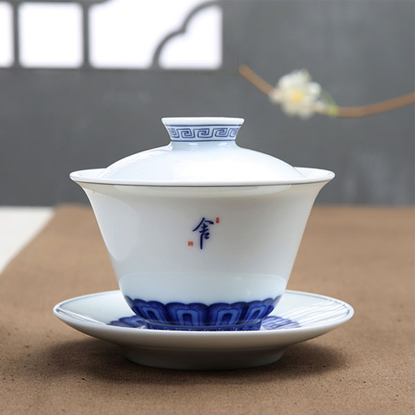 5Cgo 529039684892 蓋碗陶瓷敬茶壺茶杯泡茶茶碗大號三才杯景德鎮玄紋青花瓷蓋碗茶杯功夫茶具單品 HJT54000